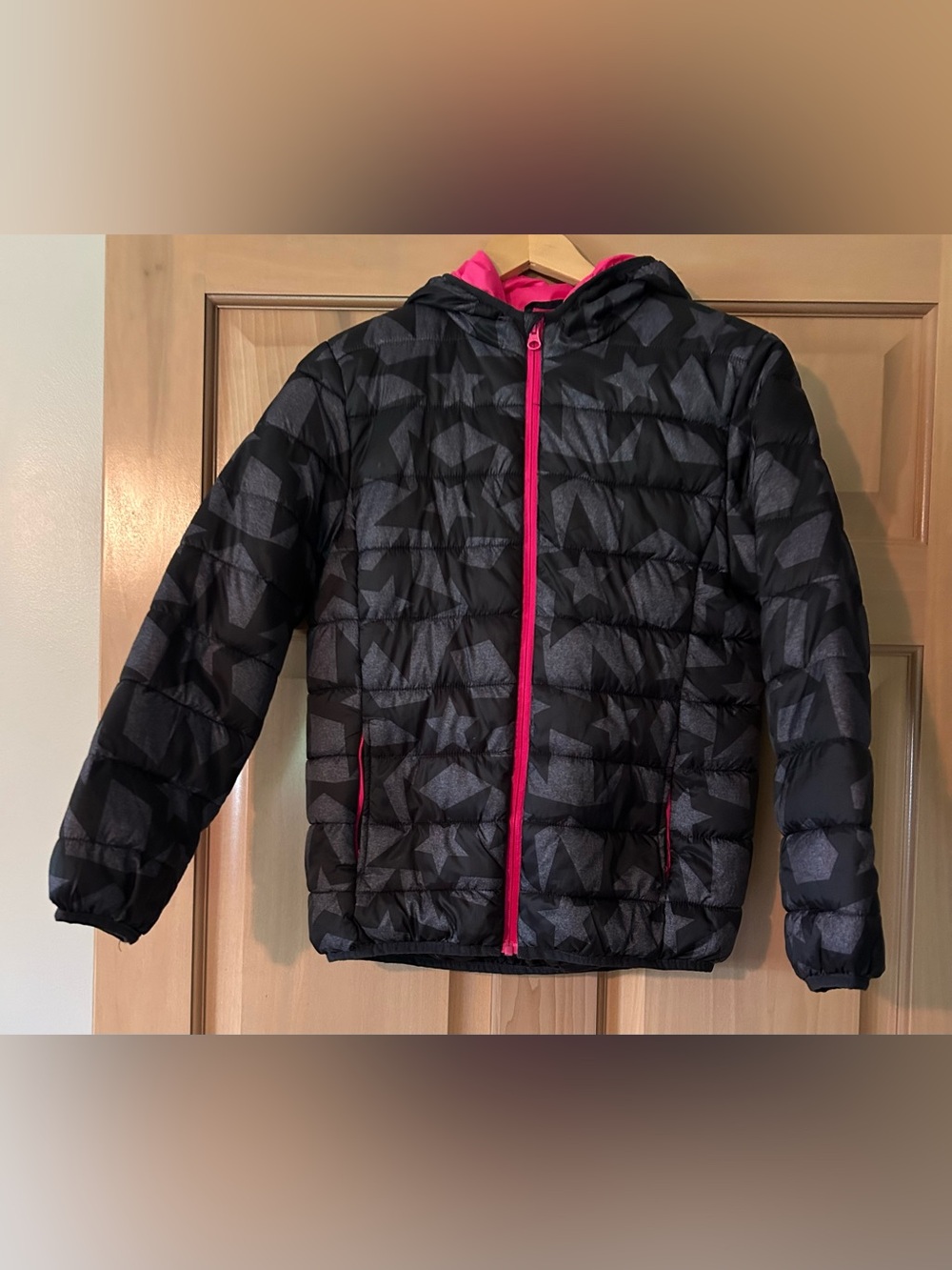 Xersion Girls Midweight Full Zip Puffer Jacket Black Pink Star Print XL 16